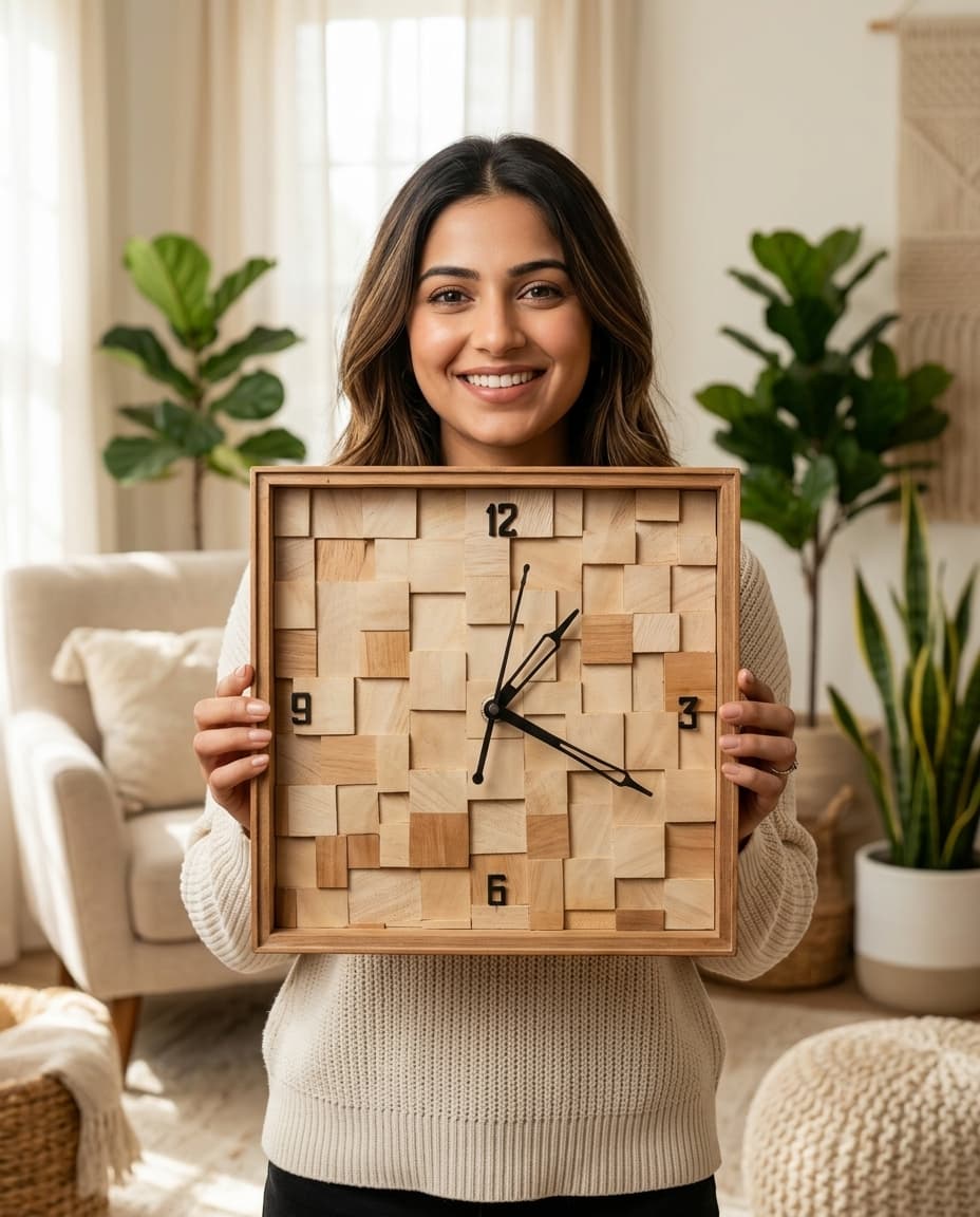 12x12 inch Compact 1x1 ft Wooden Wall Clock Held by Model