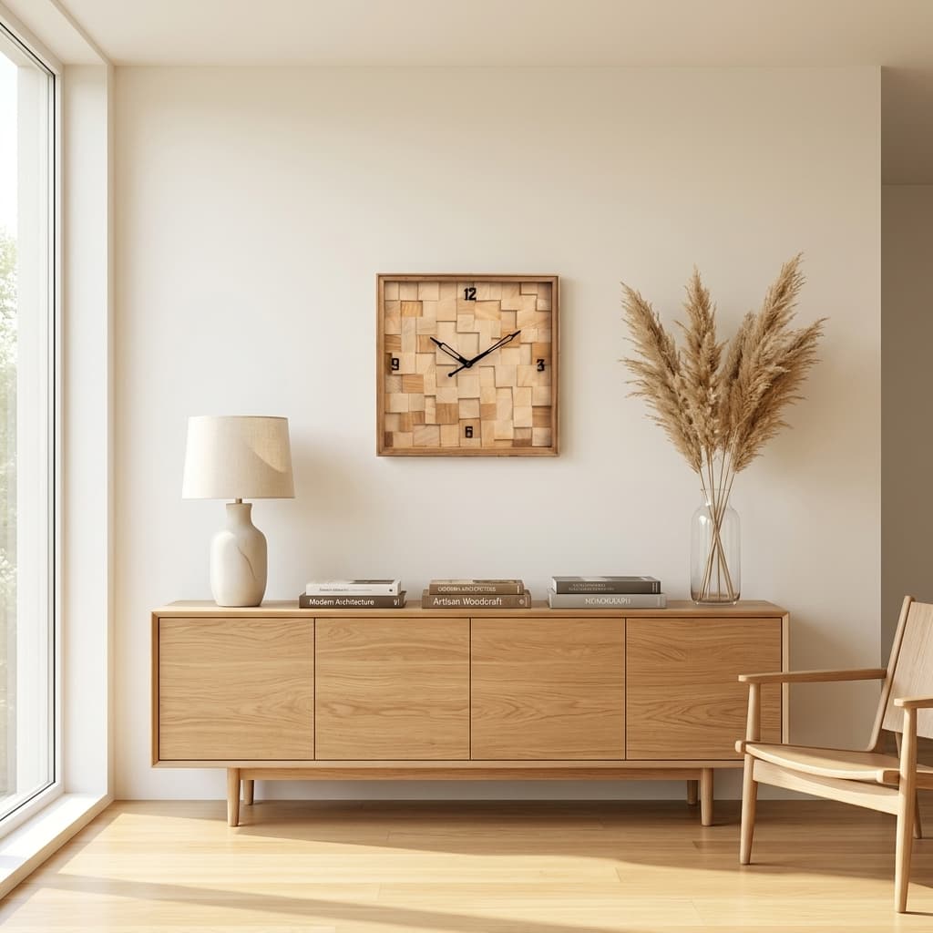 True 12x12 inch Compact Wall Clock Hung in Modern Living Room above Credenza