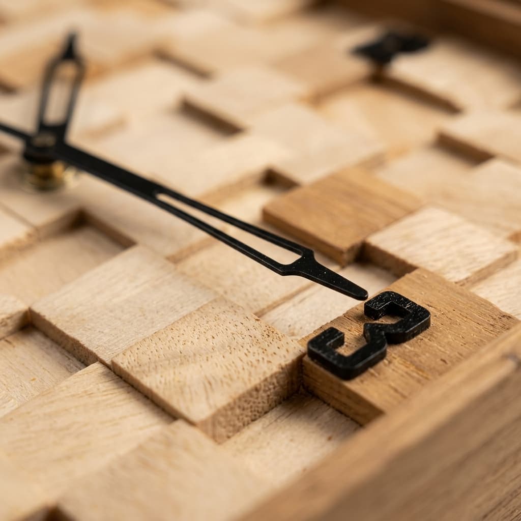 Macro Close-Up of Skeleton Clock Hand Gliding over Raised Numeral 3 and Wood Grain