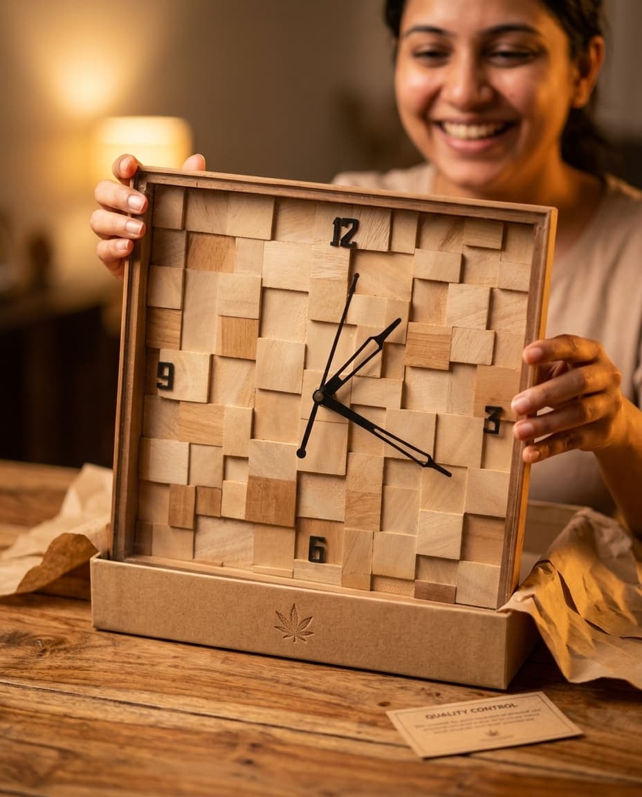 Unboxing Handcrafted Wooden Wall Clock from Kraft Gift Box