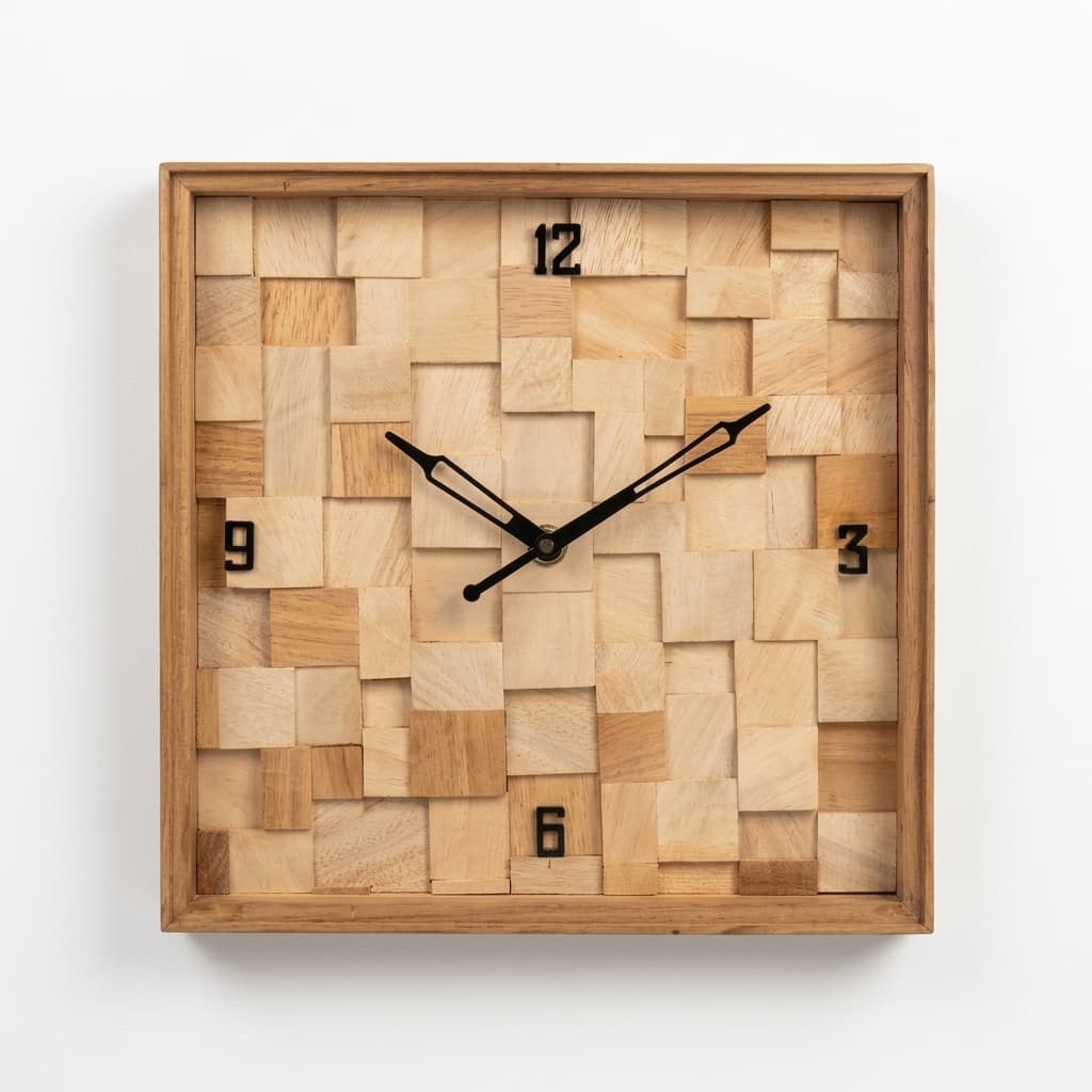 Handcrafted 3D Timber Mosaic Wall Clock - Wall-Mounted Front Studio View